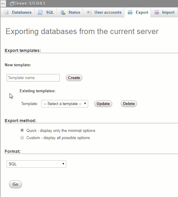 Export Database Quick Options