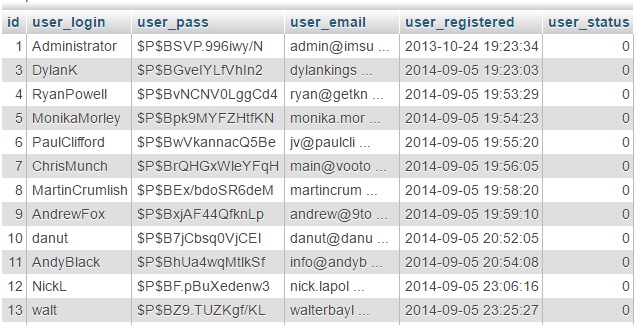 WP users table