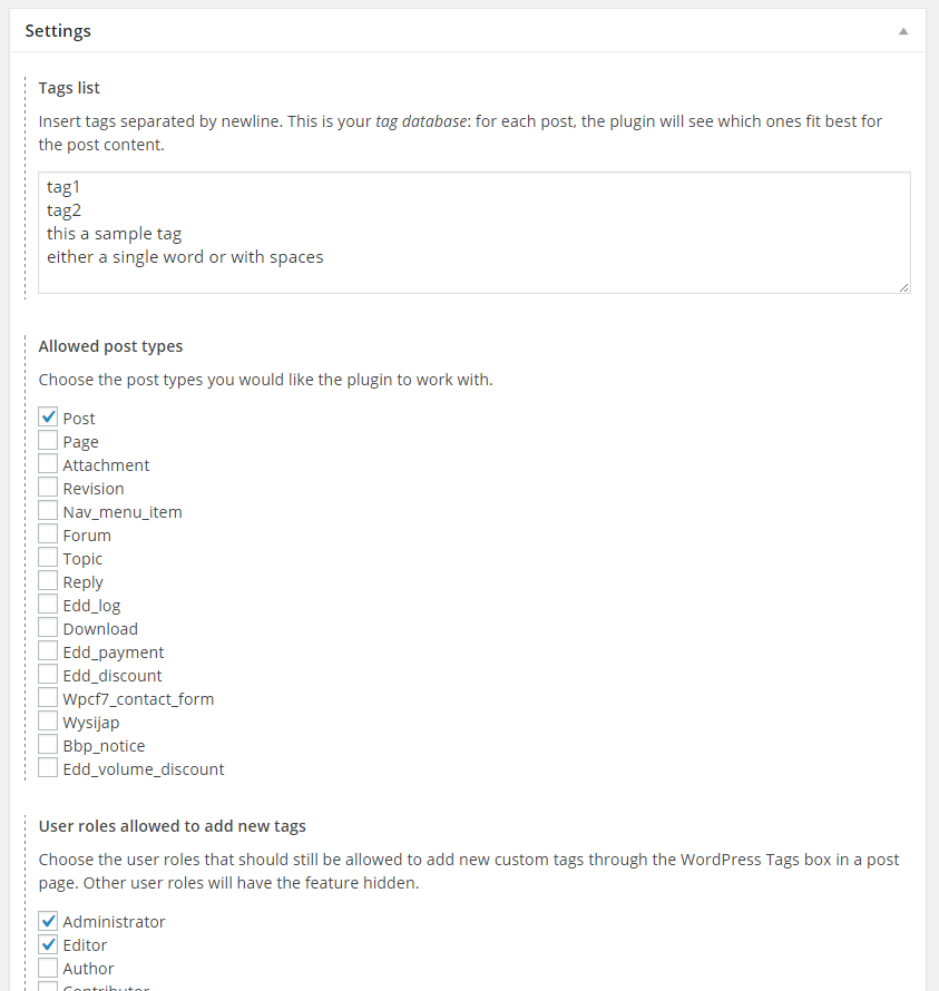 Smart Tags Insert settings